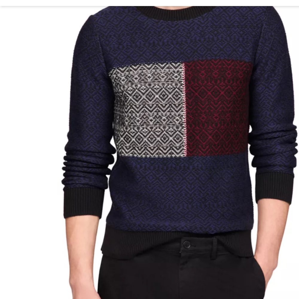 Tommy Hilfiger Fair Isle Flag Crew Neck Sweater Size Small 100% cotton $129 Ski